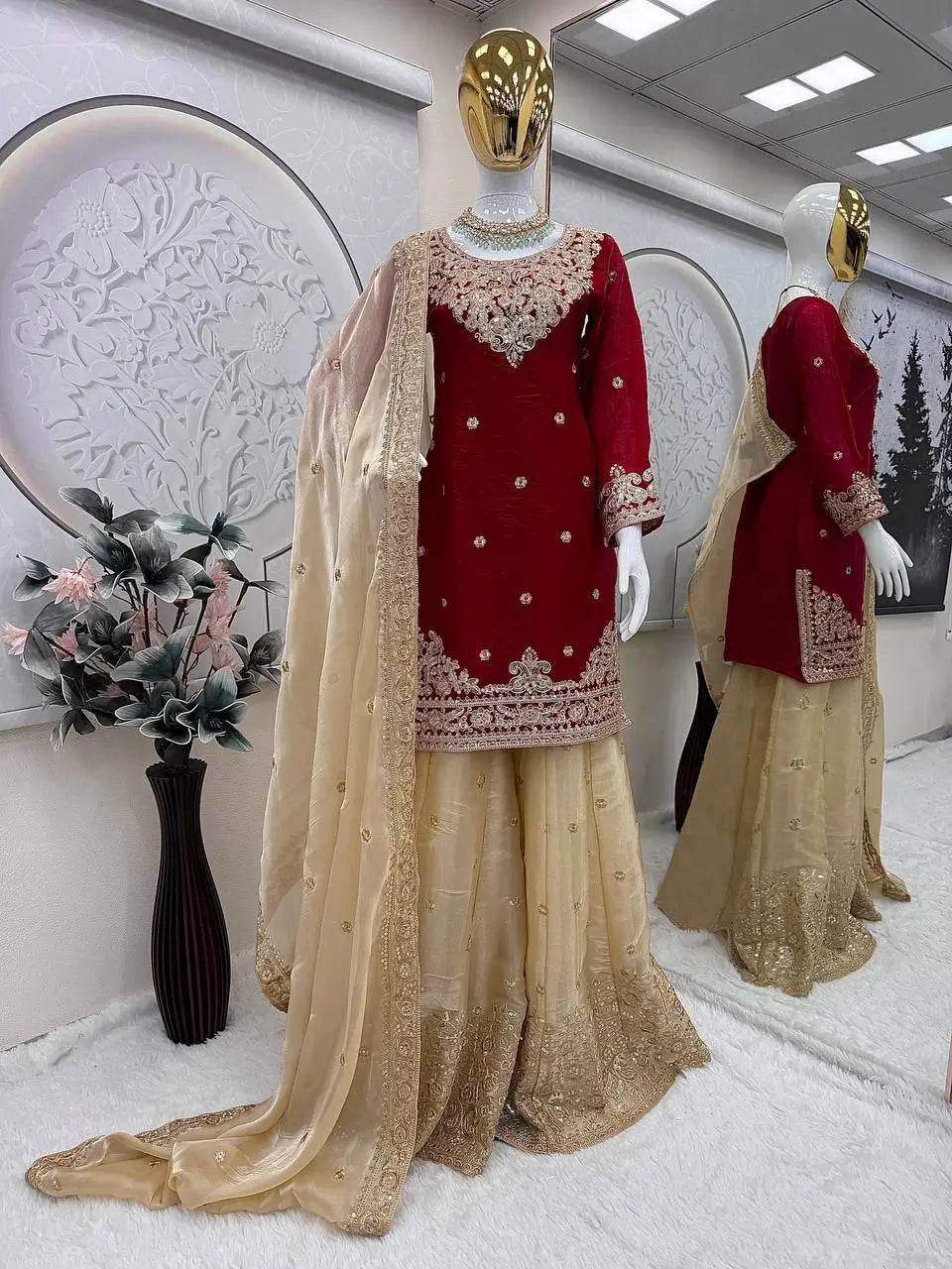 Embroidered Satin Sharara Suit Set with Dupatta
