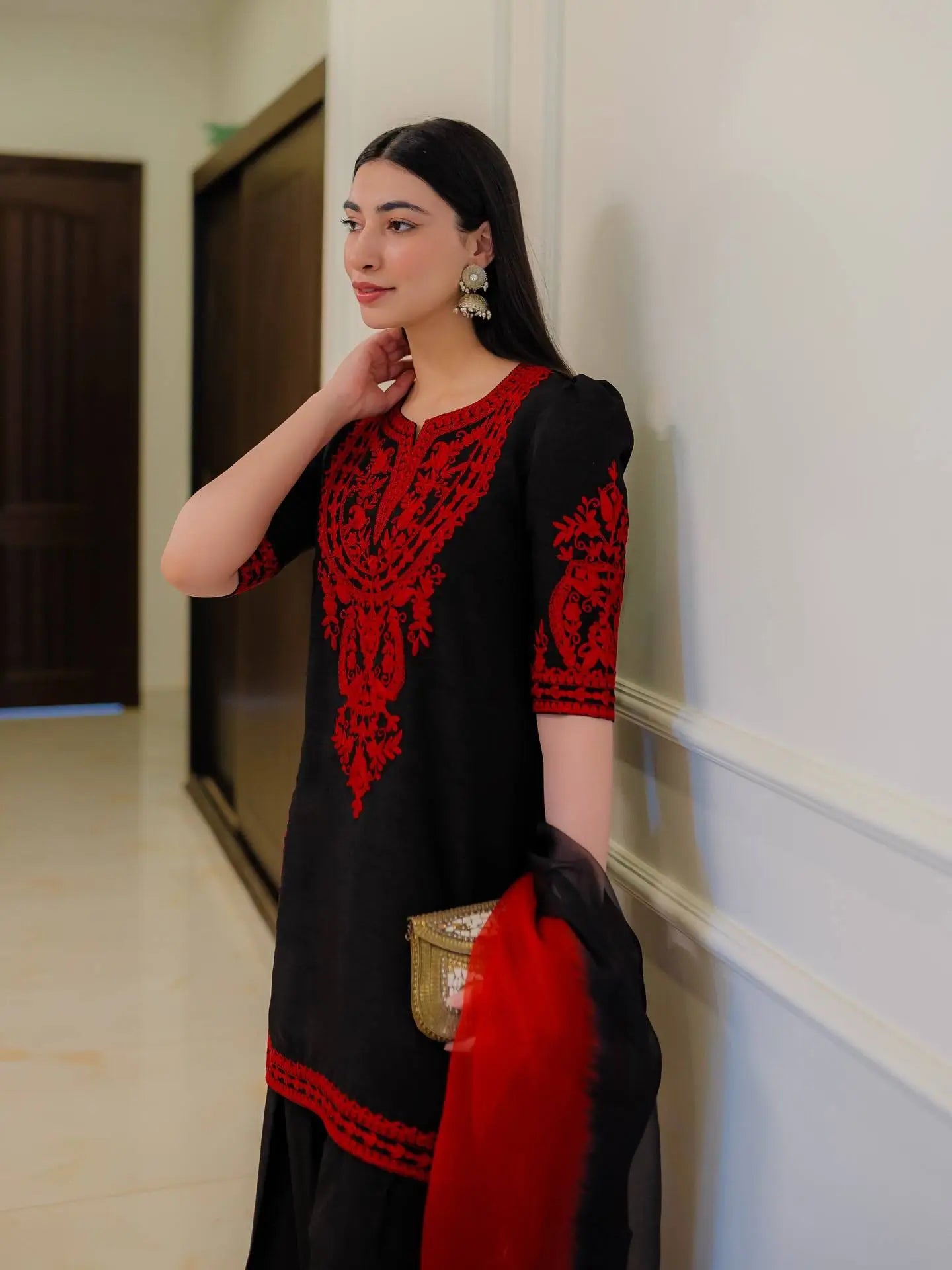 Embroidered Satin Sharara Suit Set with Dupatta