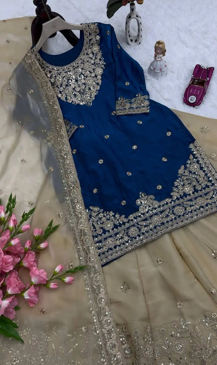 Embroidered Satin Sharara Suit Set with Dupatta
