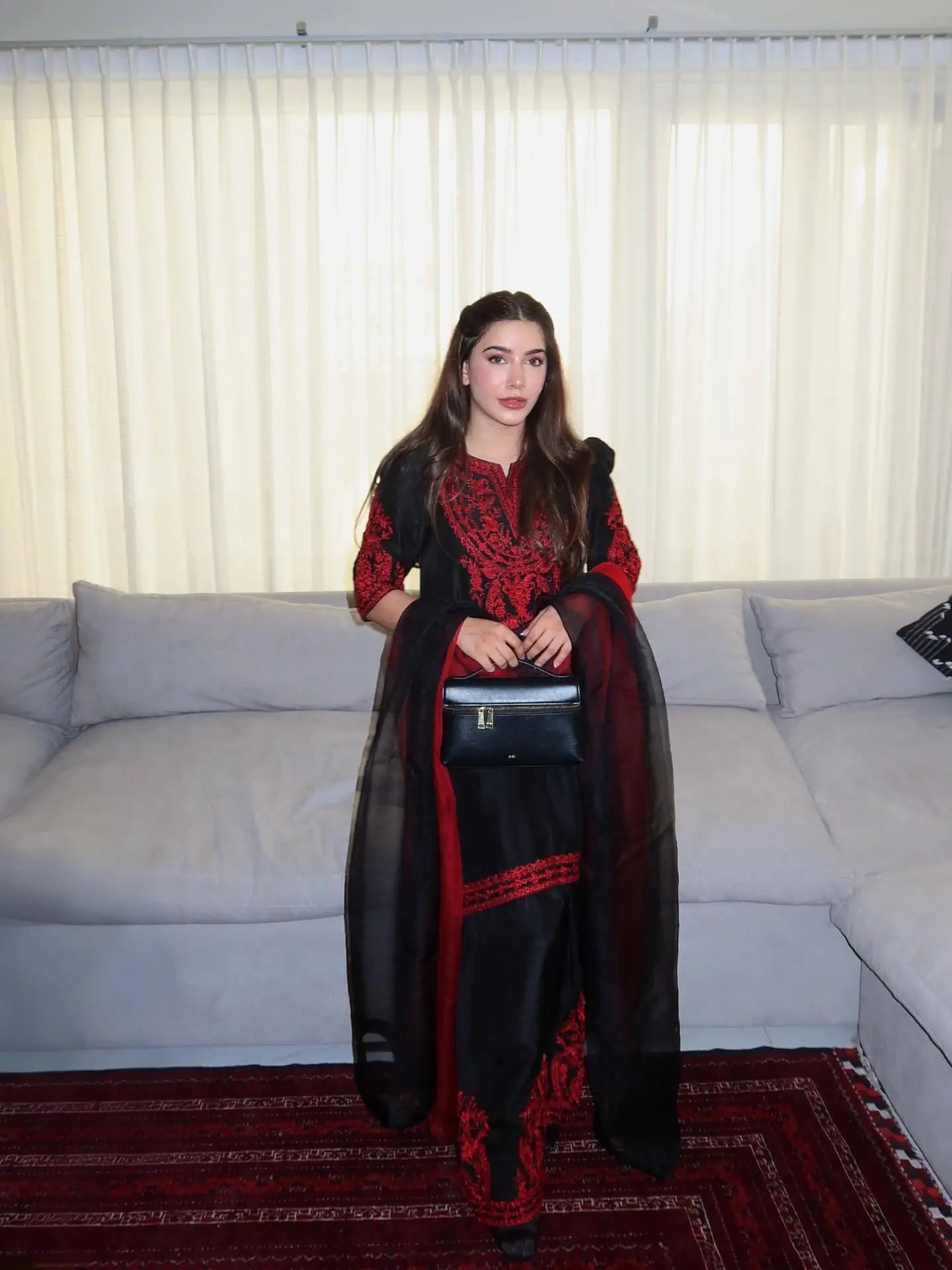 Embroidered Satin Sharara Suit Set with Dupatta
