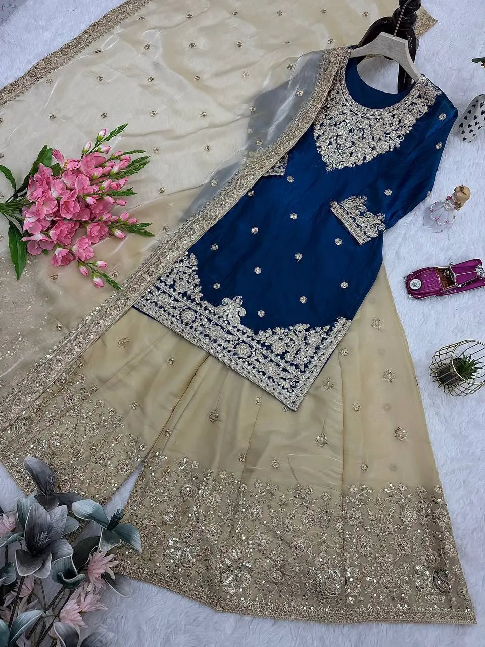 Embroidered Satin Sharara Suit Set with Dupatta