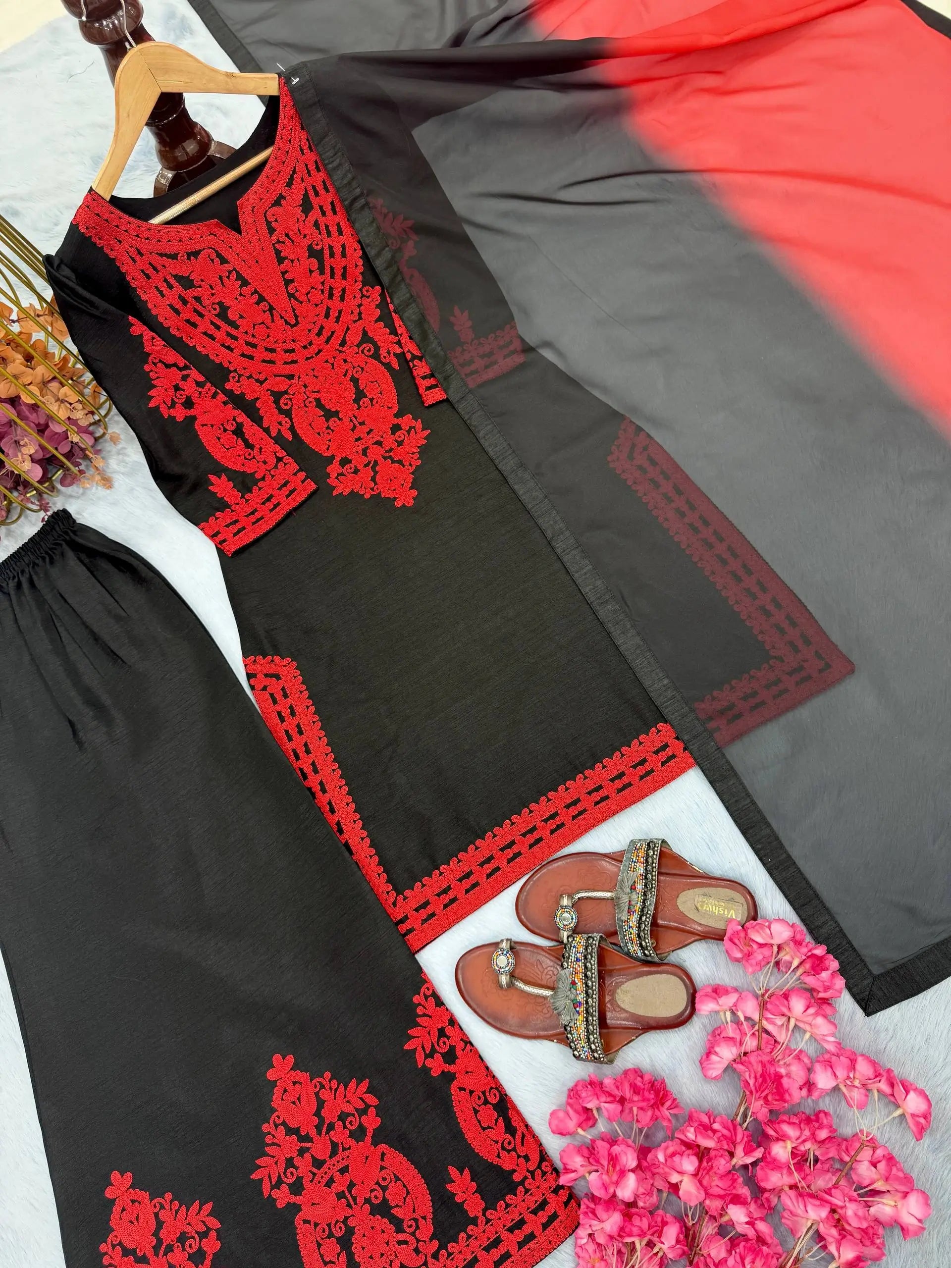 Embroidered Satin Sharara Suit Set with Dupatta