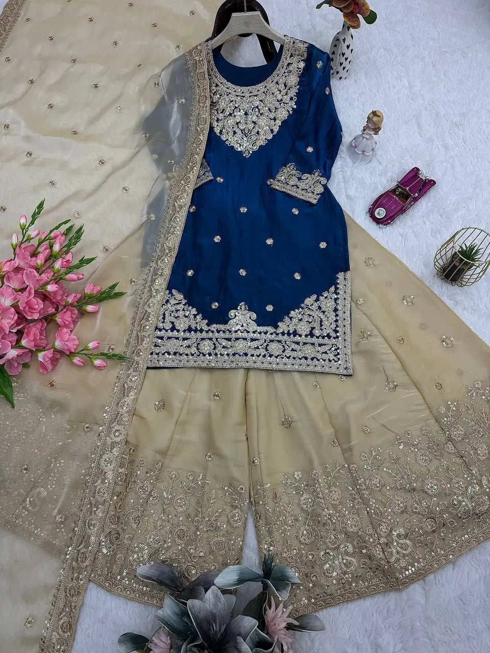 Embroidered Satin Sharara Suit Set with Dupatta