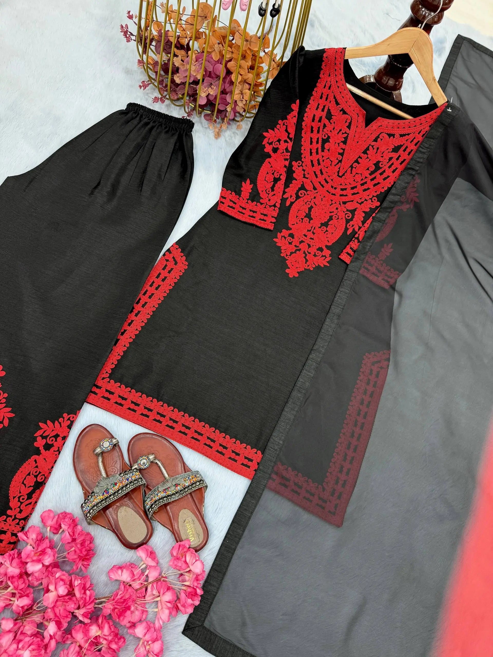 Embroidered Satin Sharara Suit Set with Dupatta