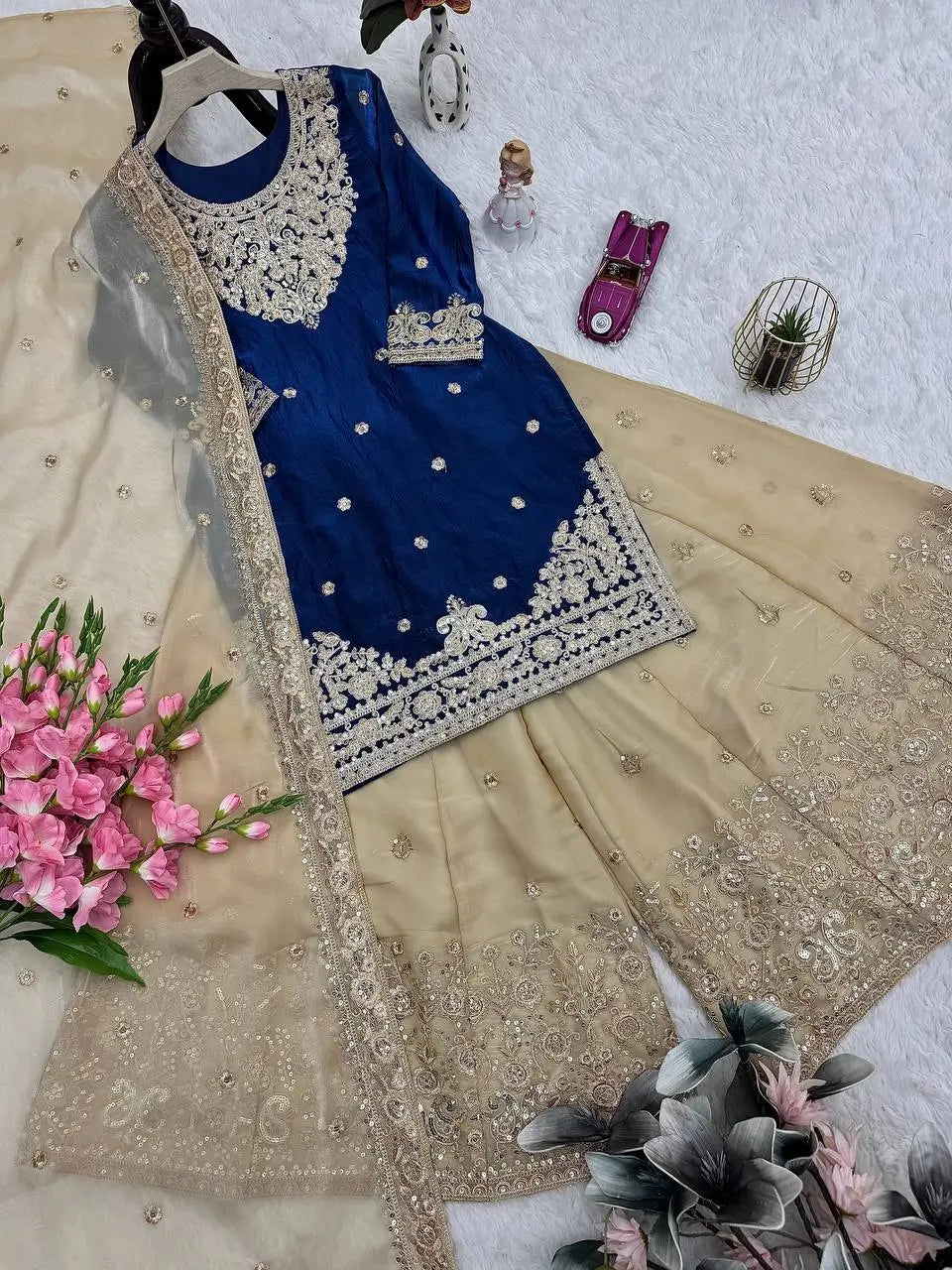 Embroidered Satin Sharara Suit Set with Dupatta