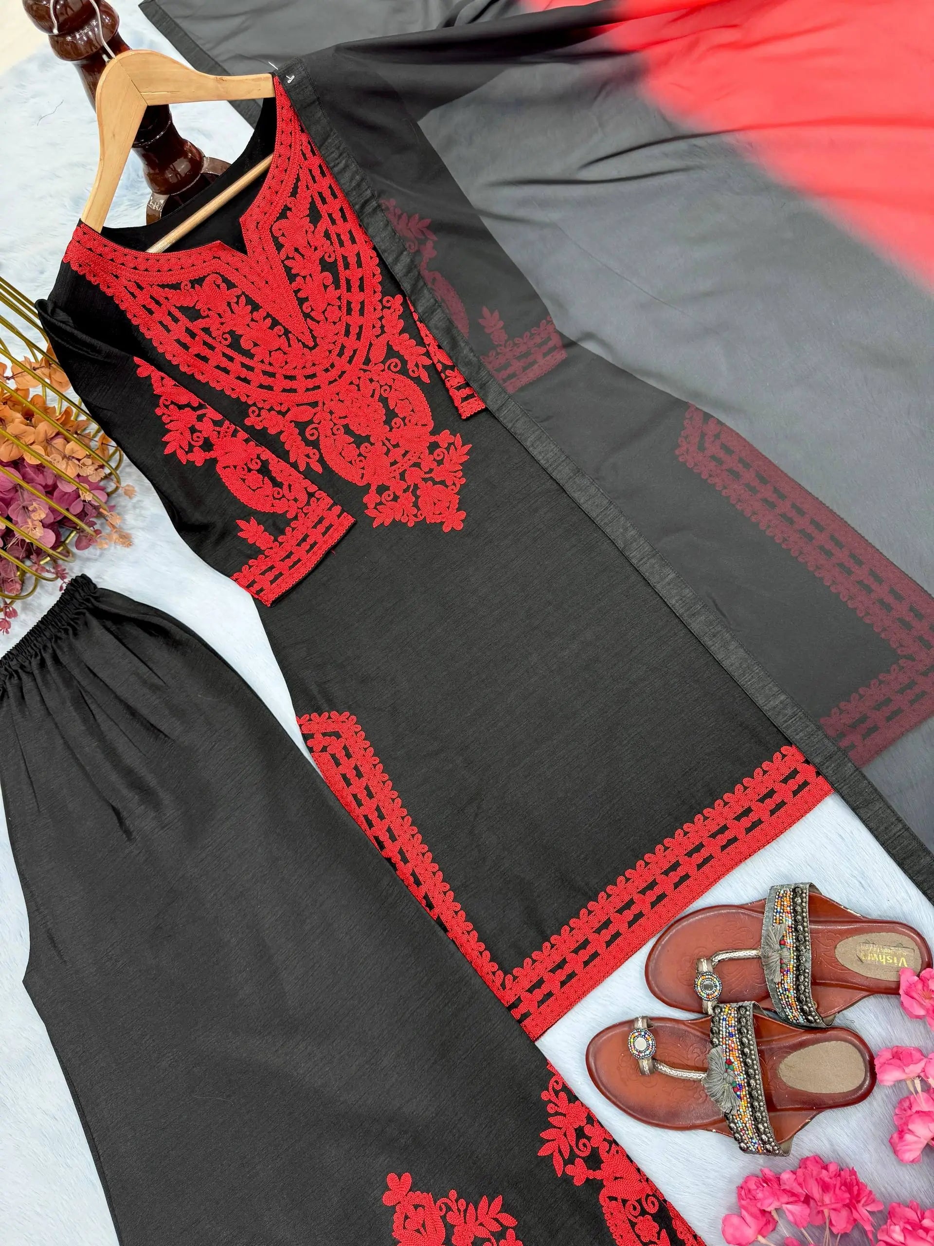 Embroidered Satin Sharara Suit Set with Dupatta