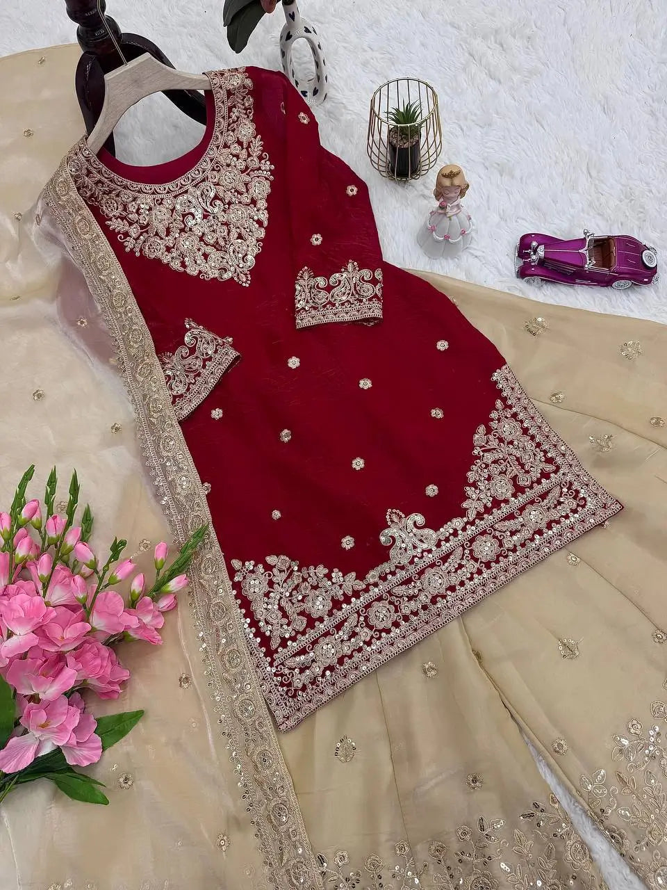 Embroidered Satin Sharara Suit Set with Dupatta