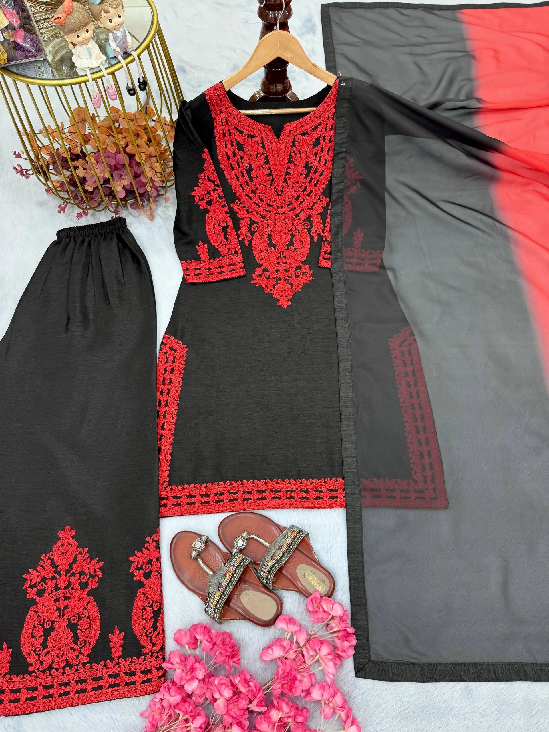 Embroidered Satin Sharara Suit Set with Dupatta