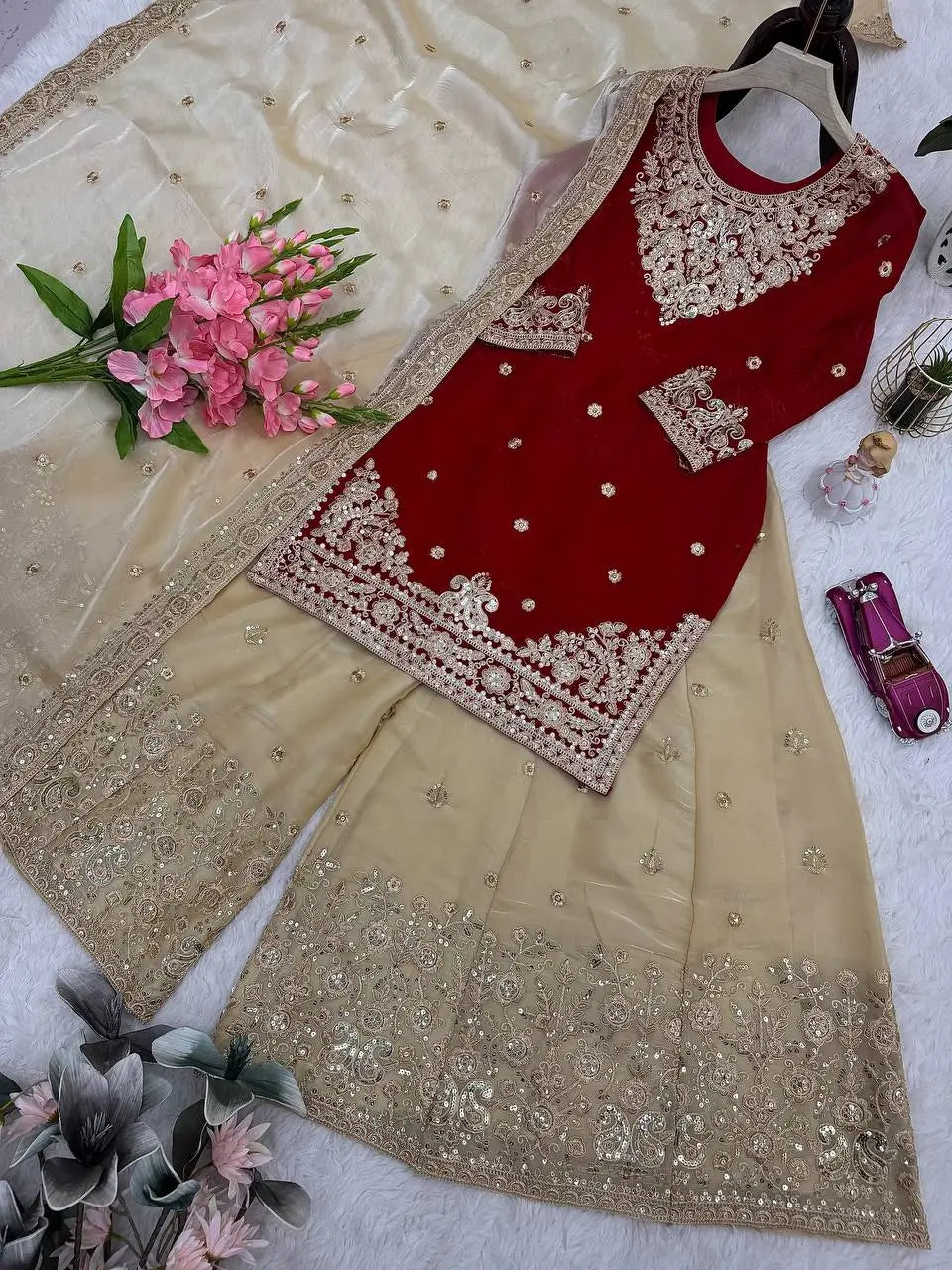 Embroidered Satin Sharara Suit Set with Dupatta