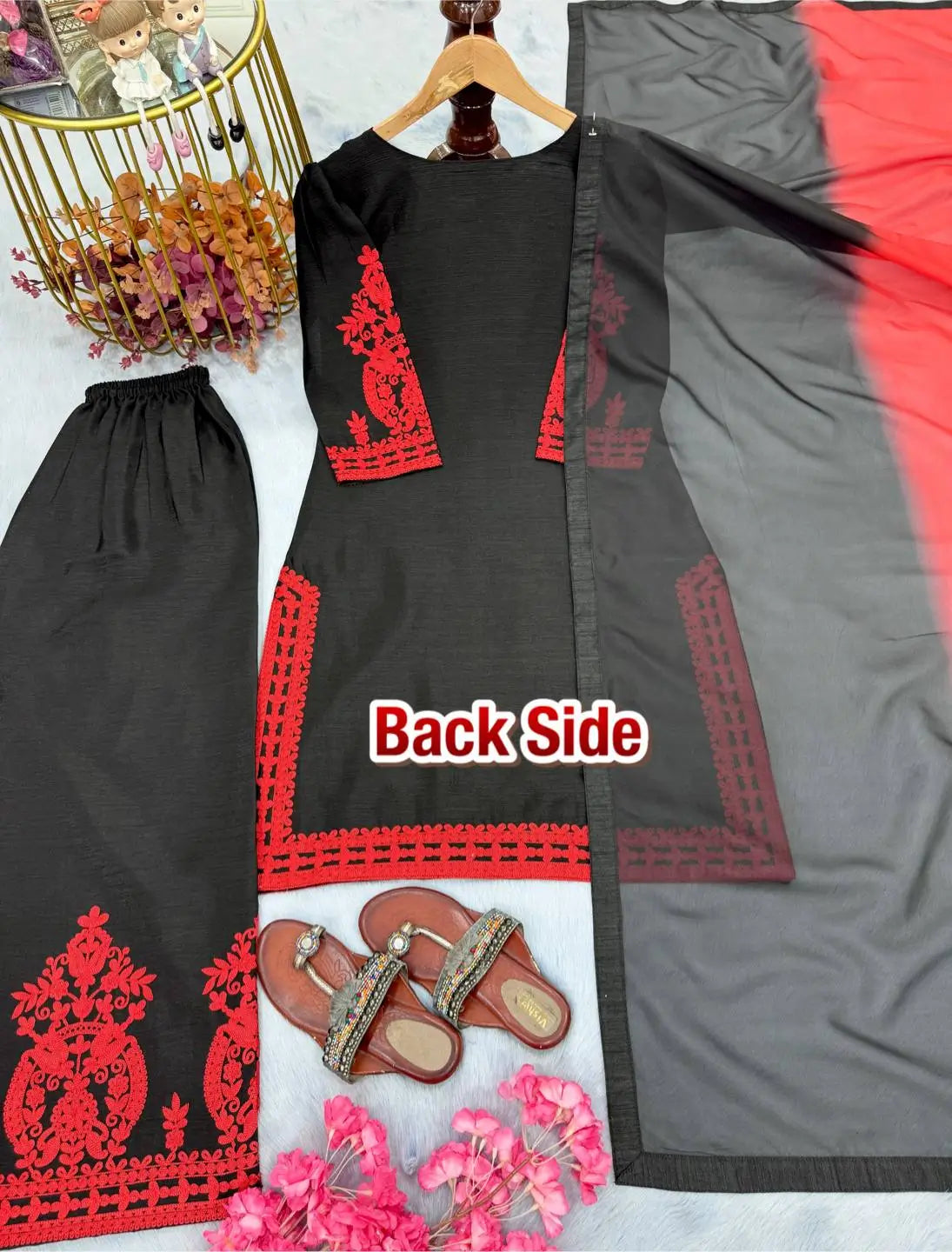 Embroidered Satin Sharara Suit Set with Dupatta