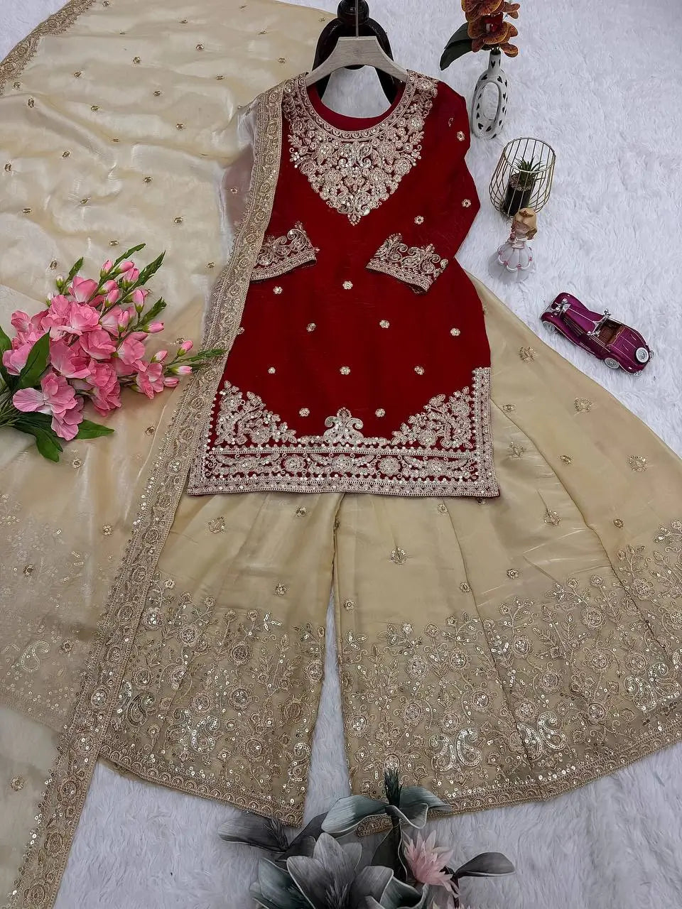 Embroidered Satin Sharara Suit Set with Dupatta