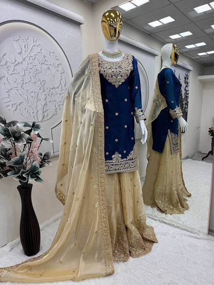 Embroidered Satin Sharara Suit Set with Dupatta