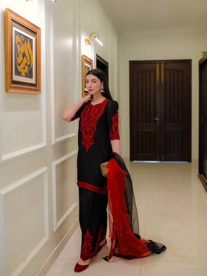 Embroidered Satin Sharara Suit Set with Dupatta