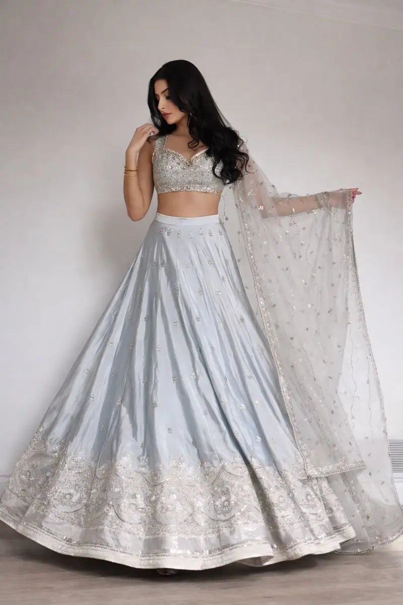 Embroidered Satin Silk Lehenga Set With Net Dupatta