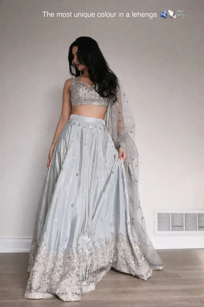 Embroidered Satin Silk Lehenga Set With Net Dupatta
