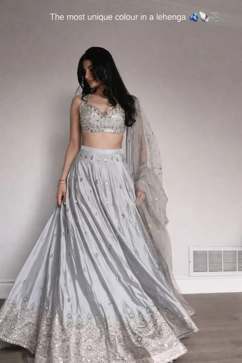 Embroidered Satin Silk Lehenga Set With Net Dupatta