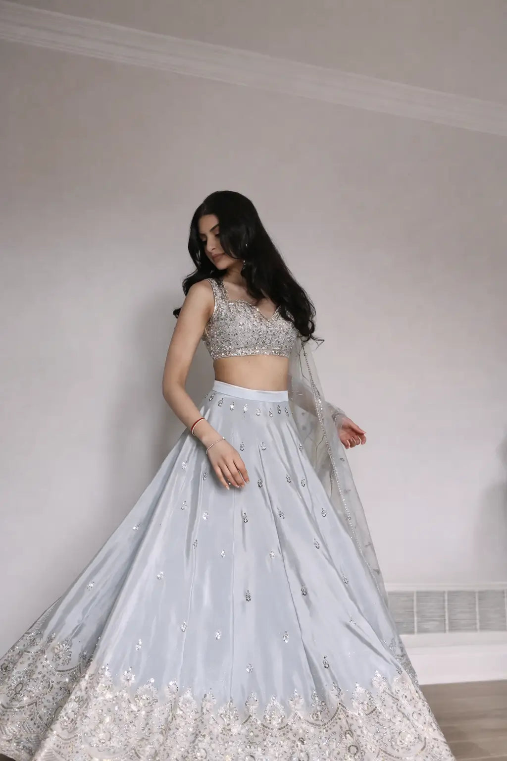 Embroidered Satin Silk Lehenga Set With Net Dupatta