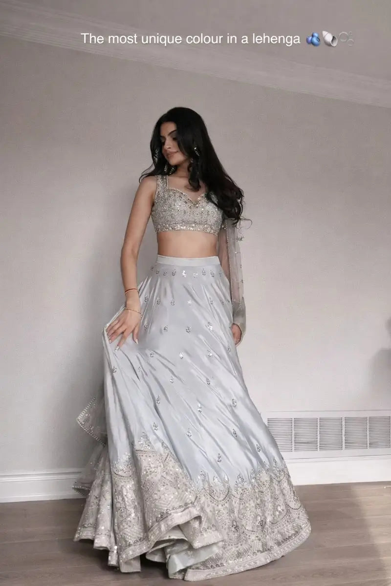 Embroidered Satin Silk Lehenga Set With Net Dupatta