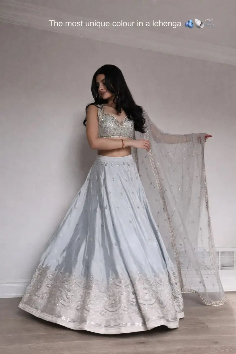 Embroidered Satin Silk Lehenga Set With Net Dupatta