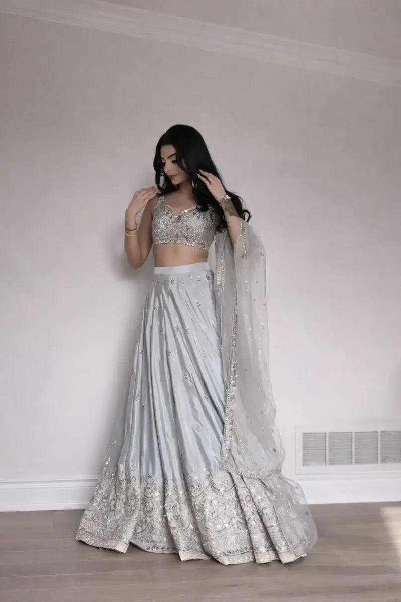 Embroidered Satin Silk Lehenga Set With Net Dupatta