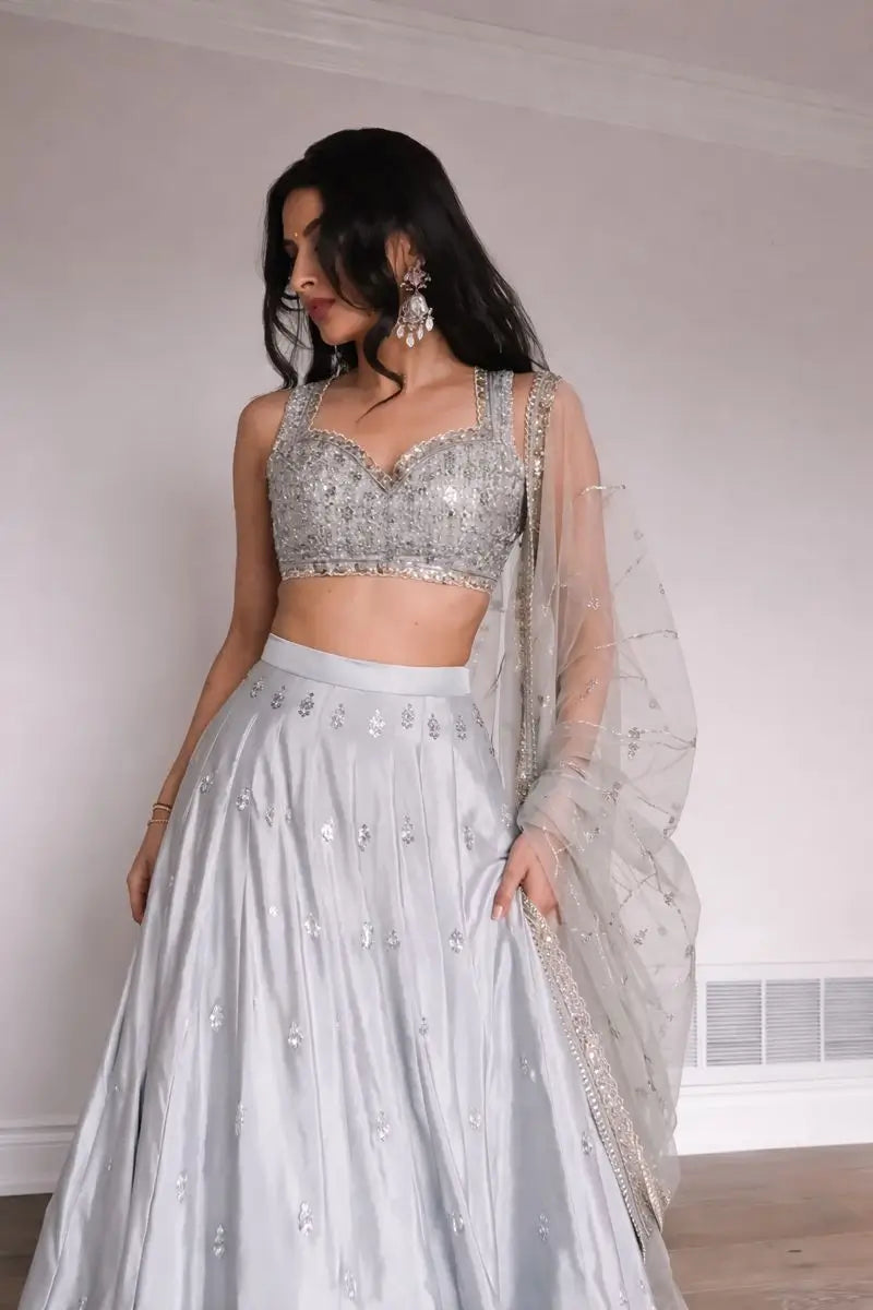 Embroidered Satin Silk Lehenga Set With Net Dupatta