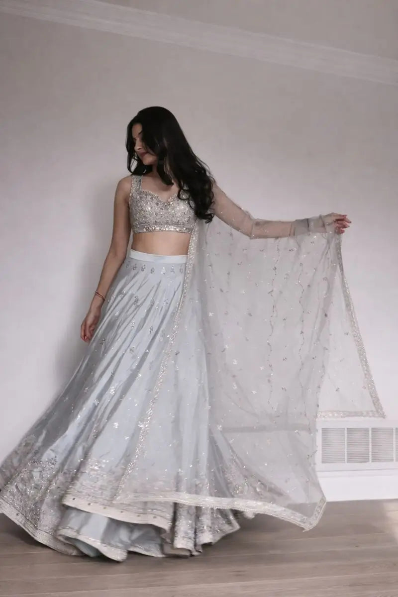 Embroidered Satin Silk Lehenga Set With Net Dupatta