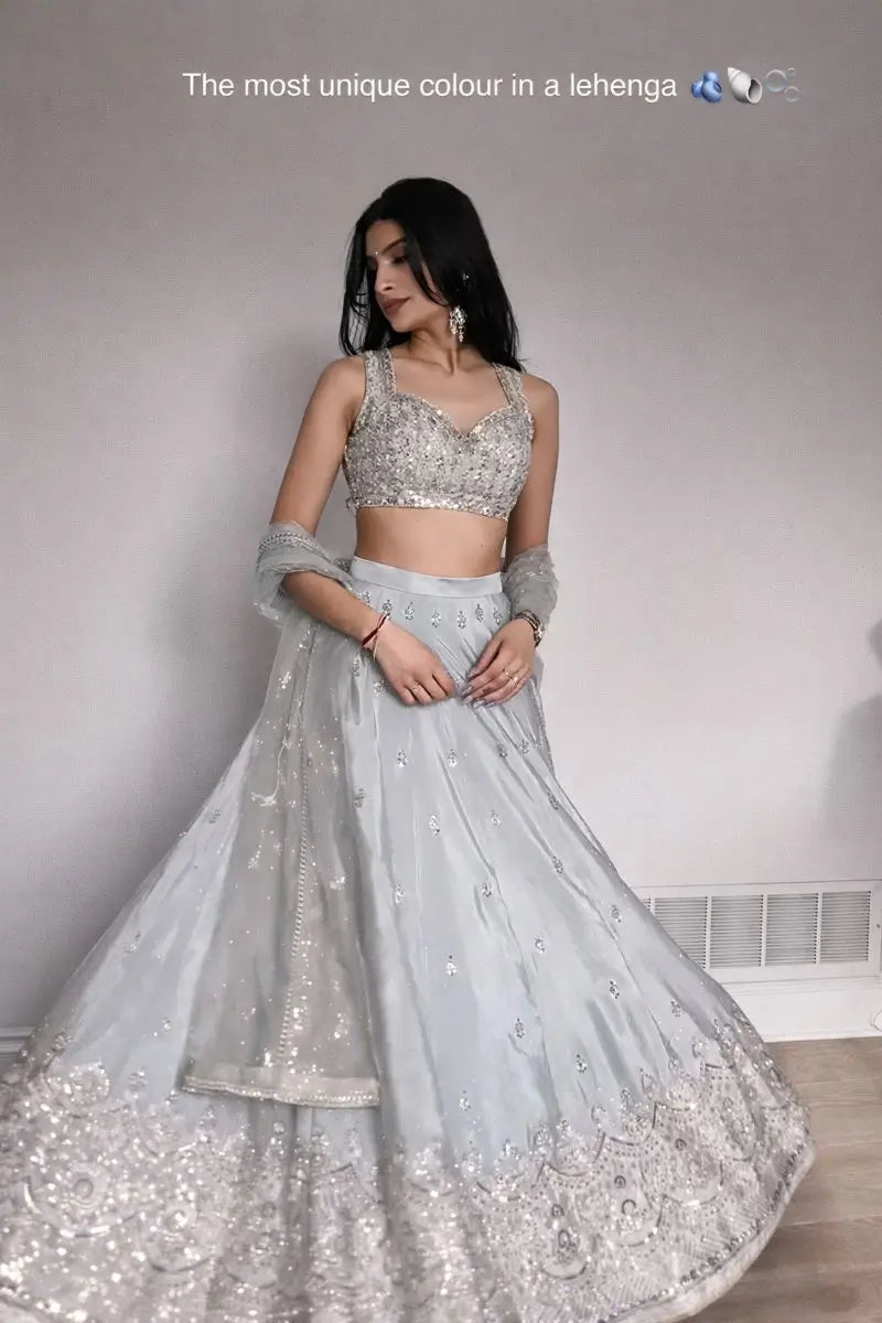 Embroidered Satin Silk Lehenga Set With Net Dupatta