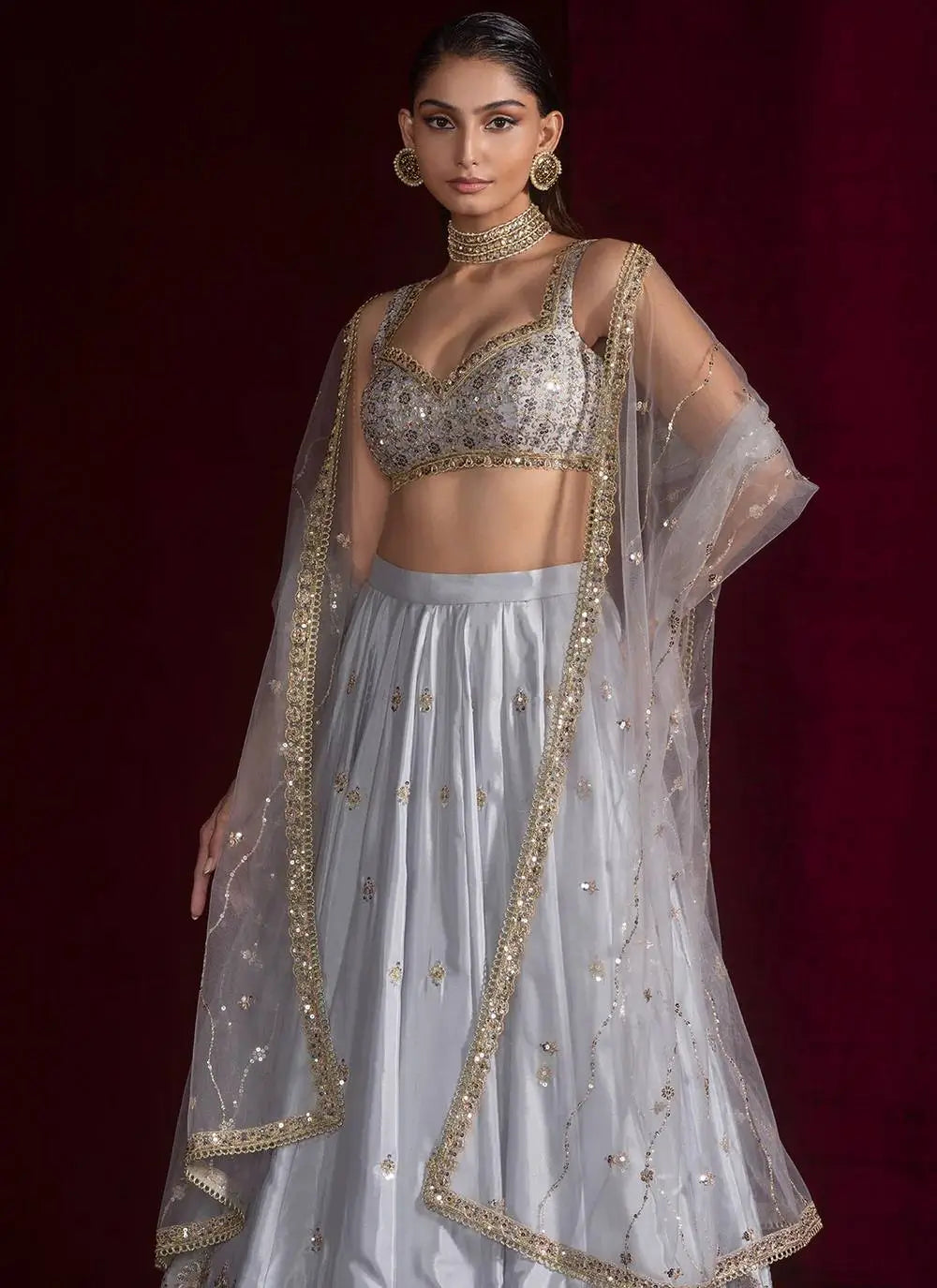 Embroidered Satin Silk Lehenga Set With Net Dupatta