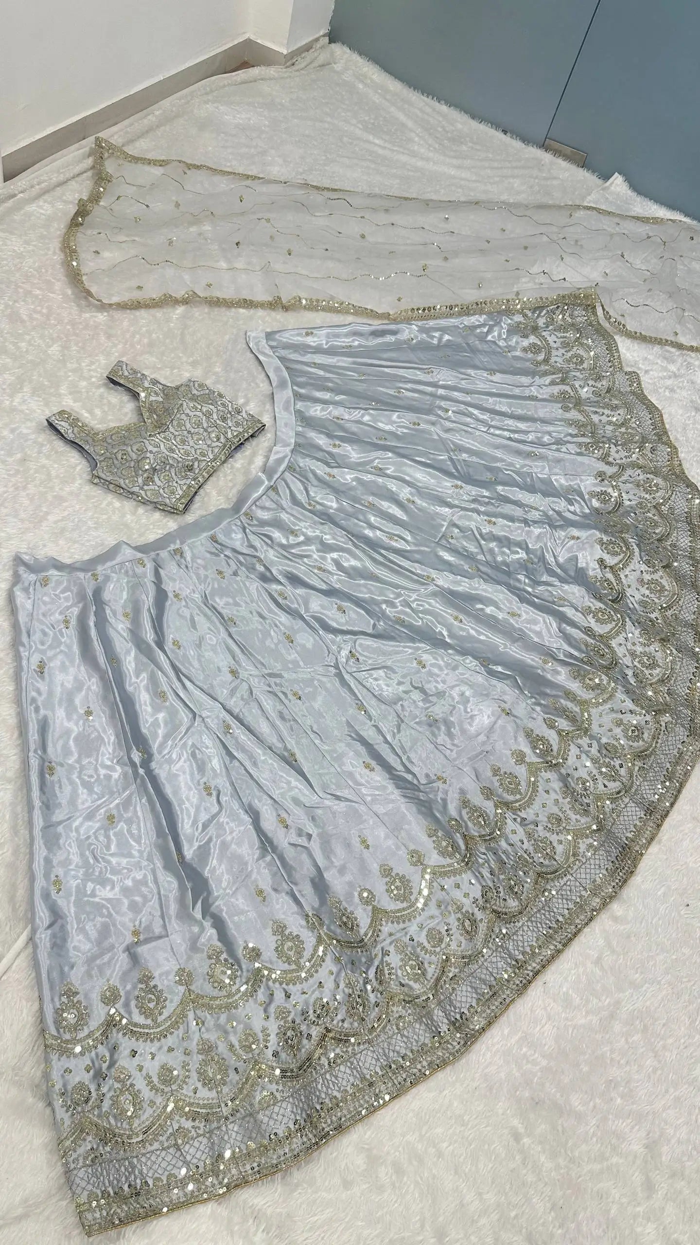 Embroidered Satin Silk Lehenga Set With Net Dupatta