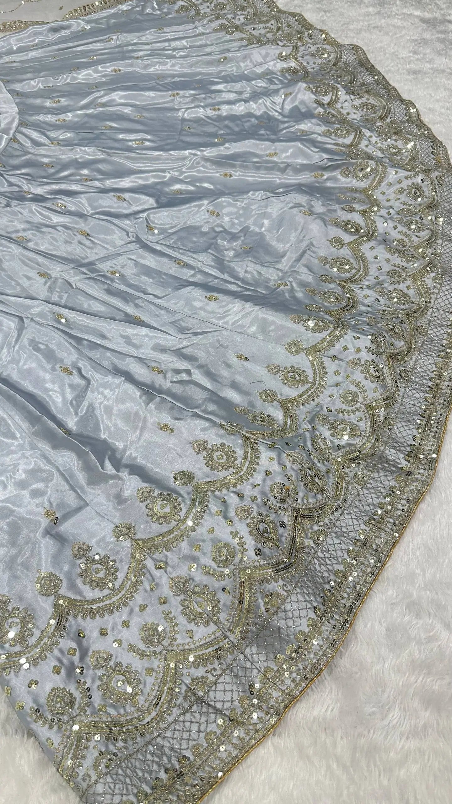 Embroidered Satin Silk Lehenga Set With Net Dupatta