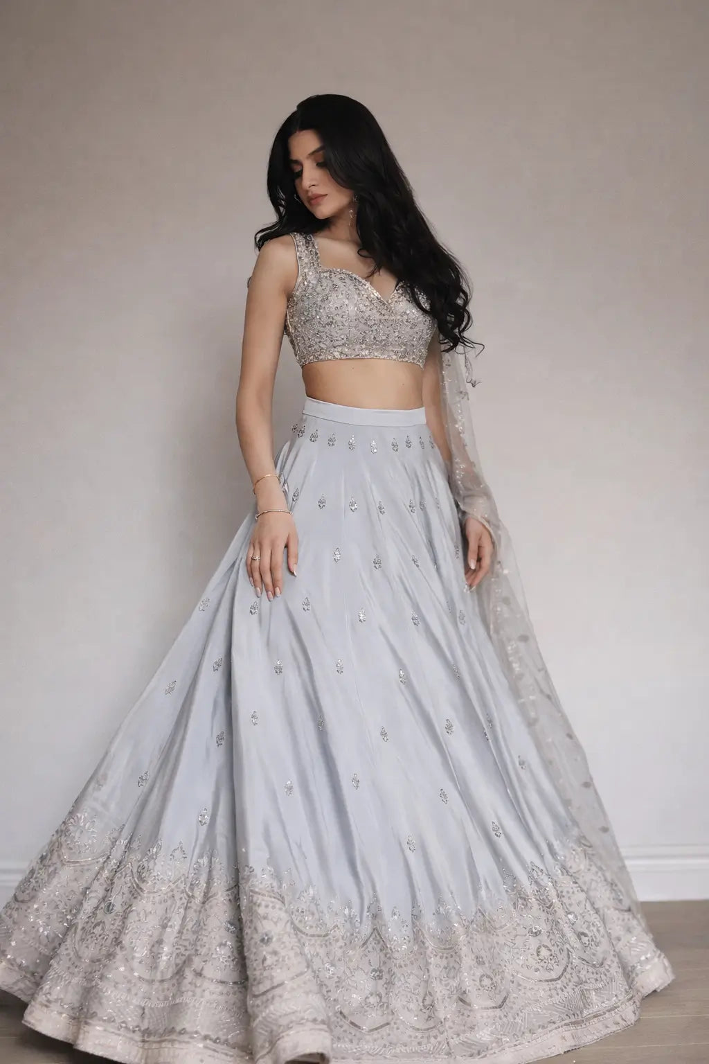 Embroidered Satin Silk Lehenga Set With Net Dupatta
