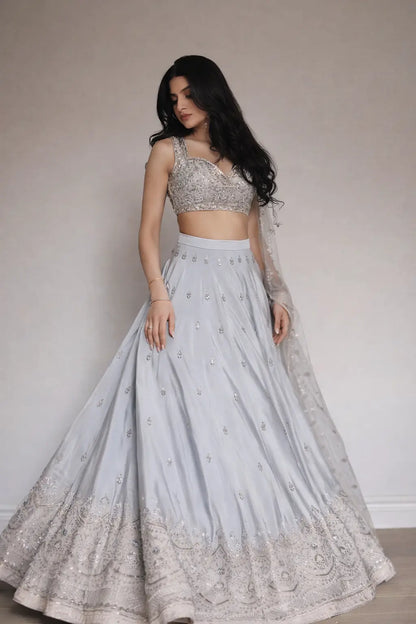 Embroidered Satin Silk Lehenga Set With Net Dupatta