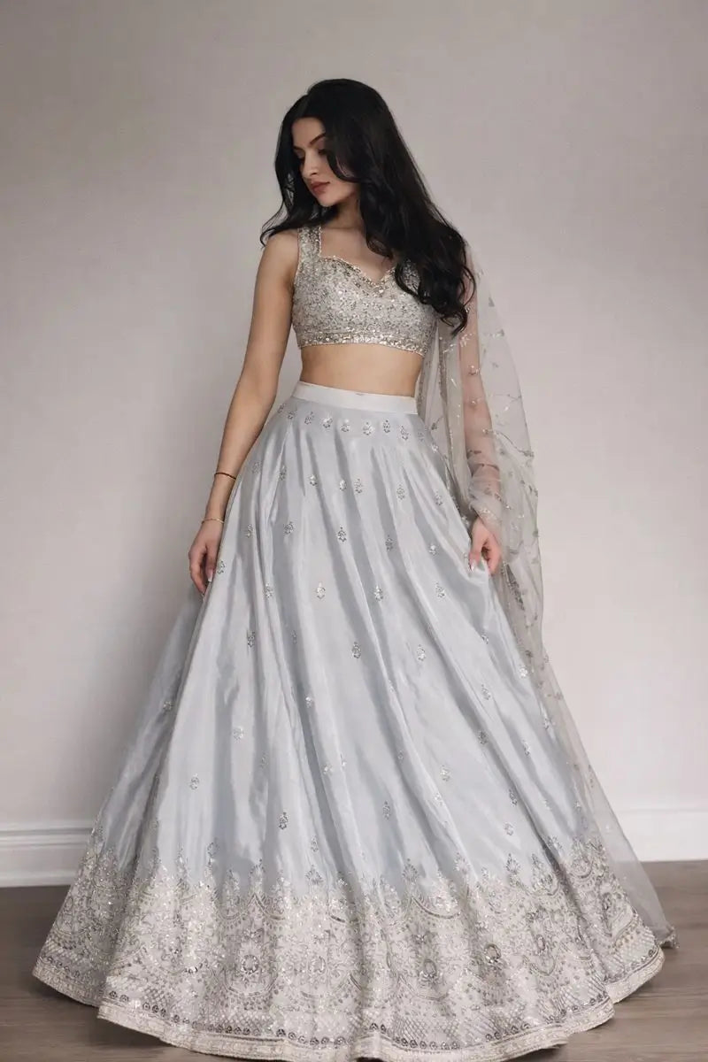 Embroidered Satin Silk Lehenga Set With Net Dupatta