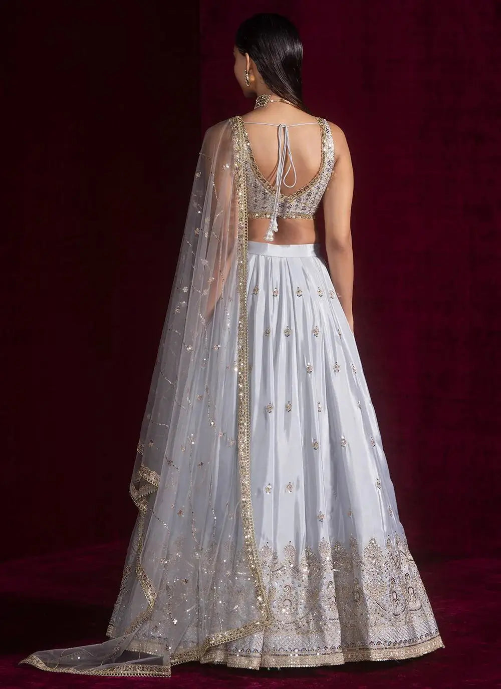 Embroidered Satin Silk Lehenga Set With Net Dupatta