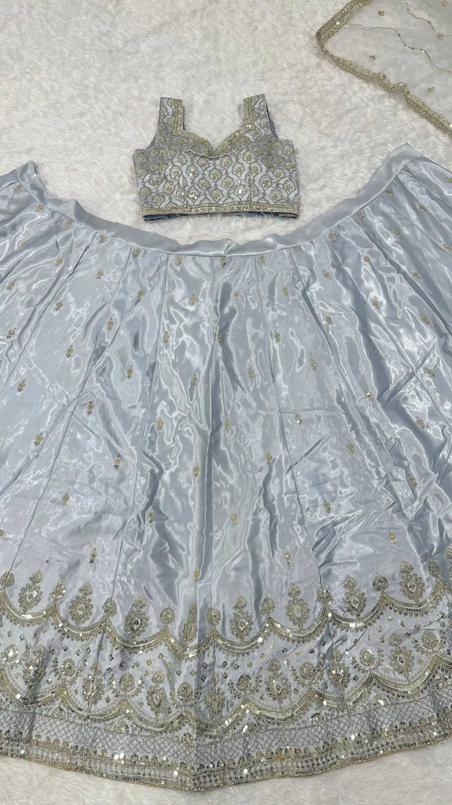 Embroidered Satin Silk Lehenga Set With Net Dupatta