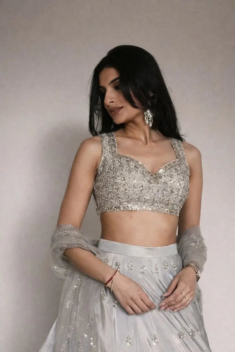 Embroidered Satin Silk Lehenga Set With Net Dupatta