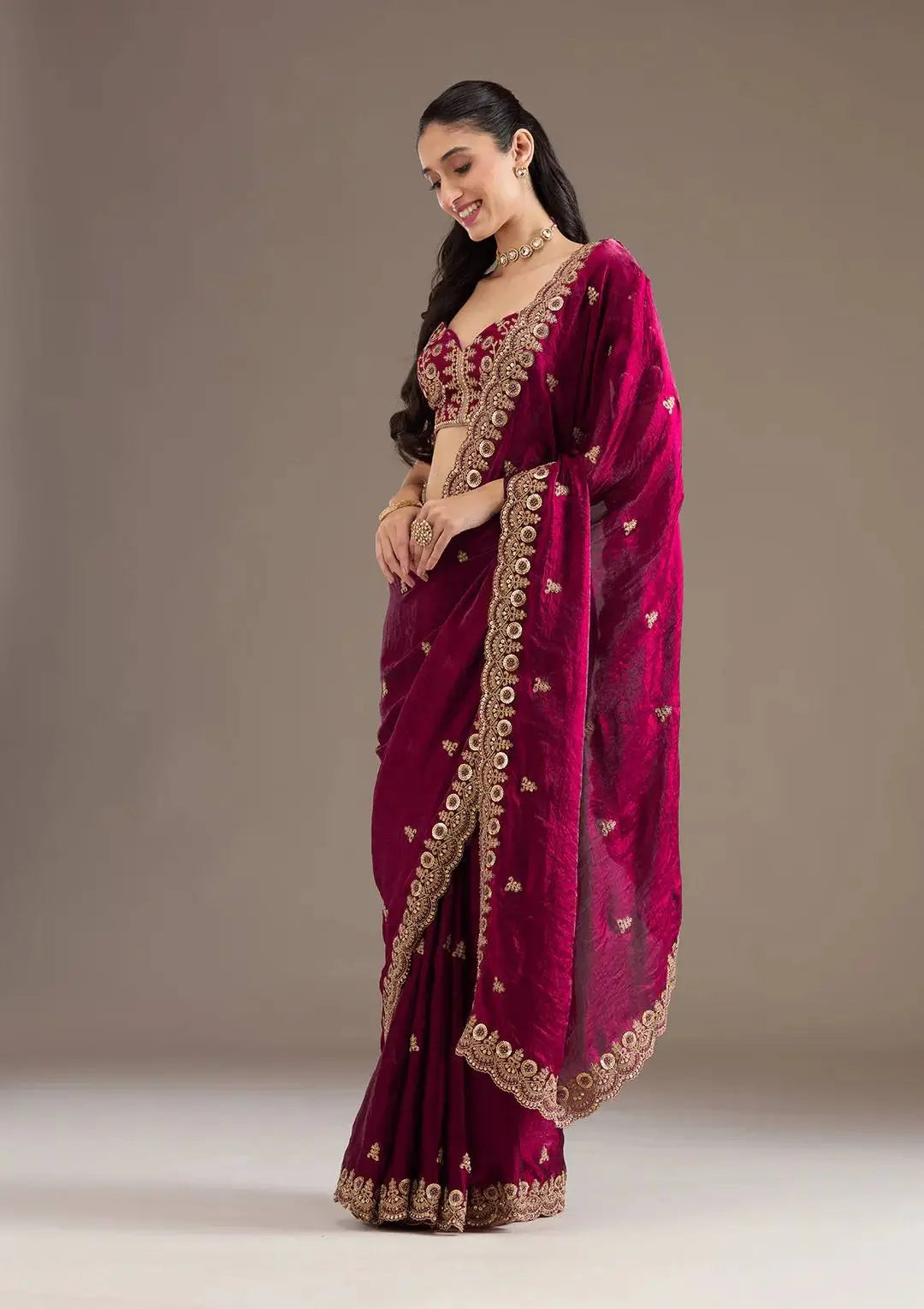Embroidered Satin Silk Saree Set