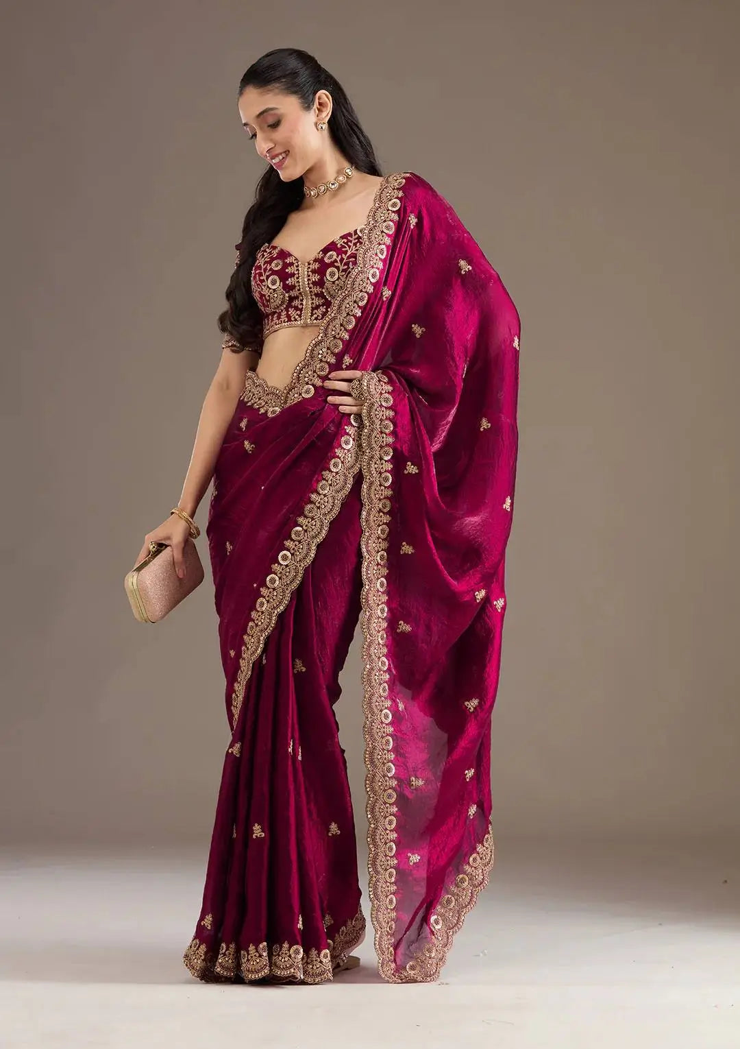 Embroidered Satin Silk Saree Set