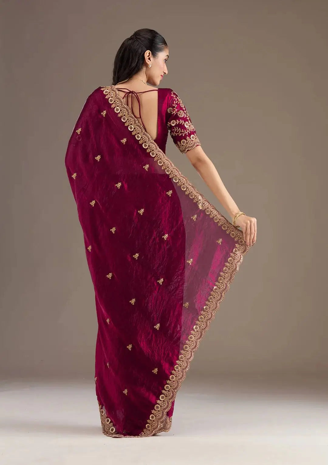 Embroidered Satin Silk Saree Set