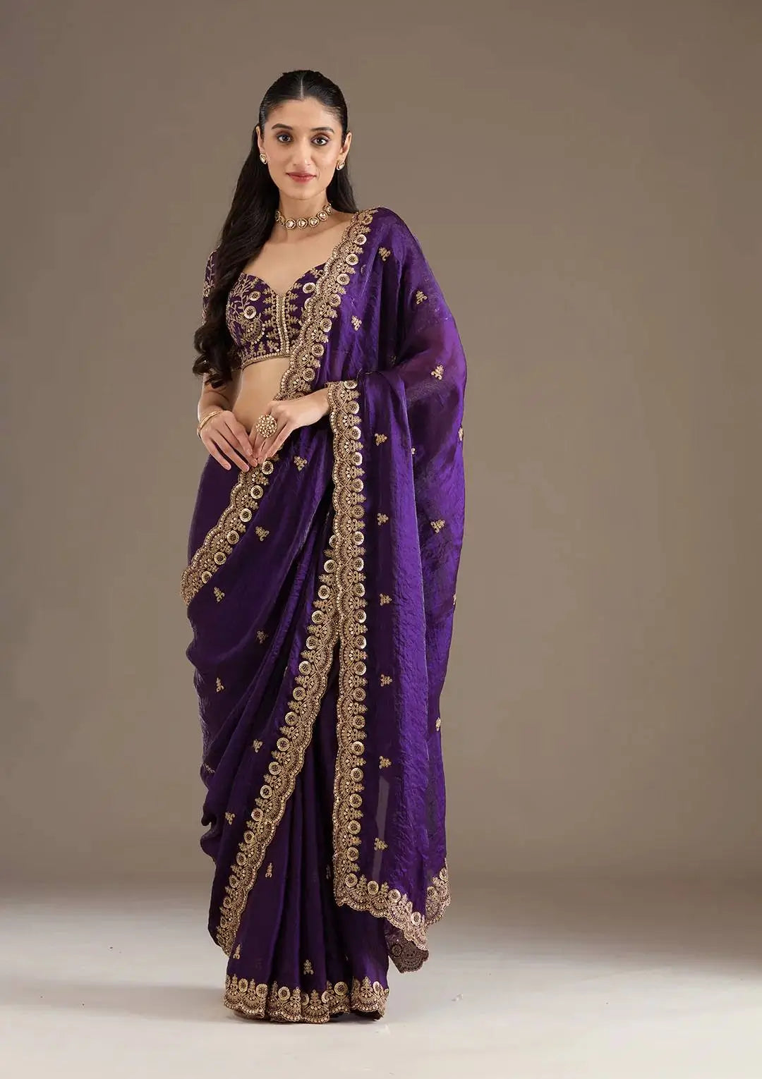 Embroidered Satin Silk Saree Set
