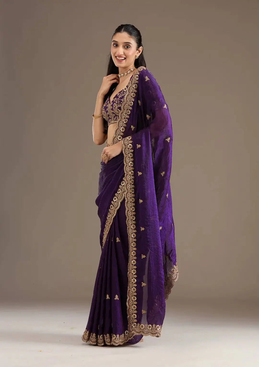 Embroidered Satin Silk Saree Set