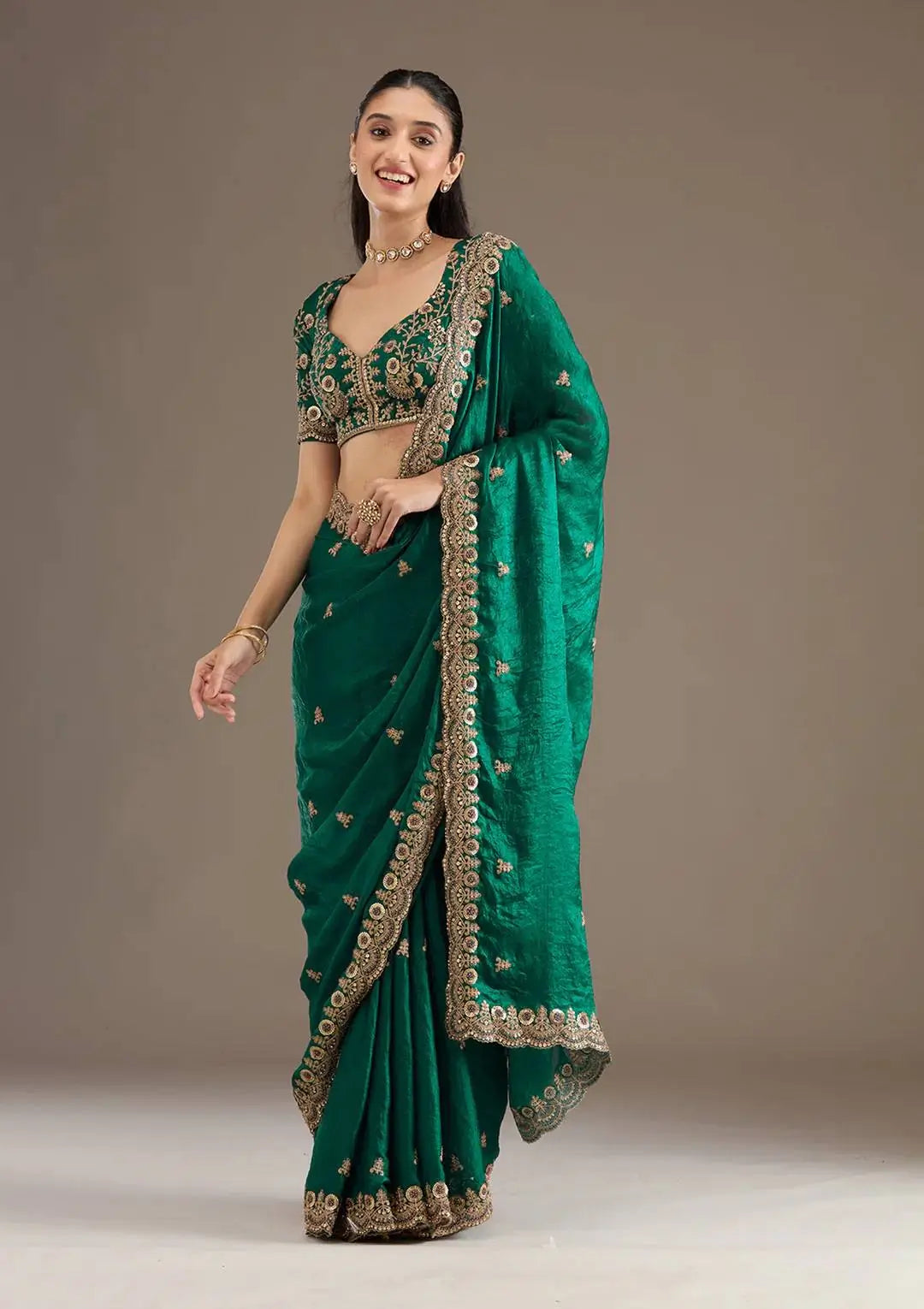 Embroidered Satin Silk Saree Set