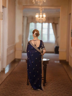 Embroidered Satin Silk Saree Set