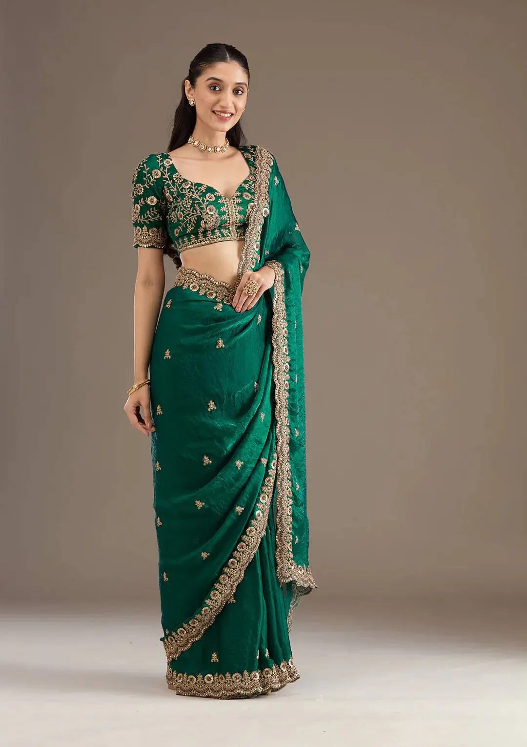 Embroidered Satin Silk Saree Set