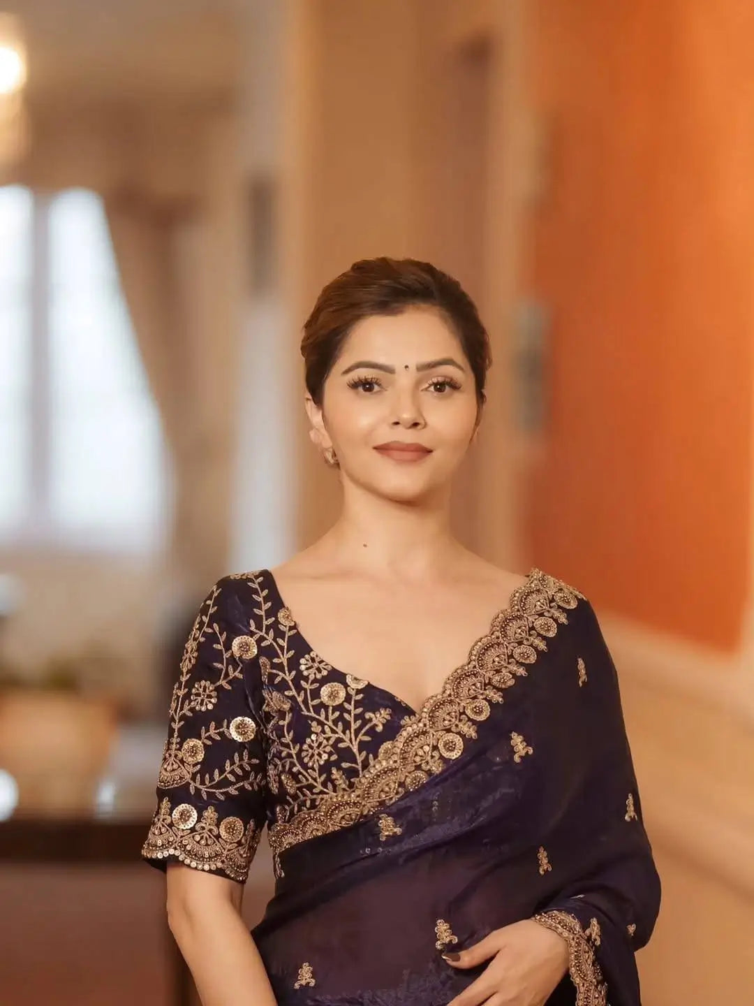 Embroidered Satin Silk Saree Set