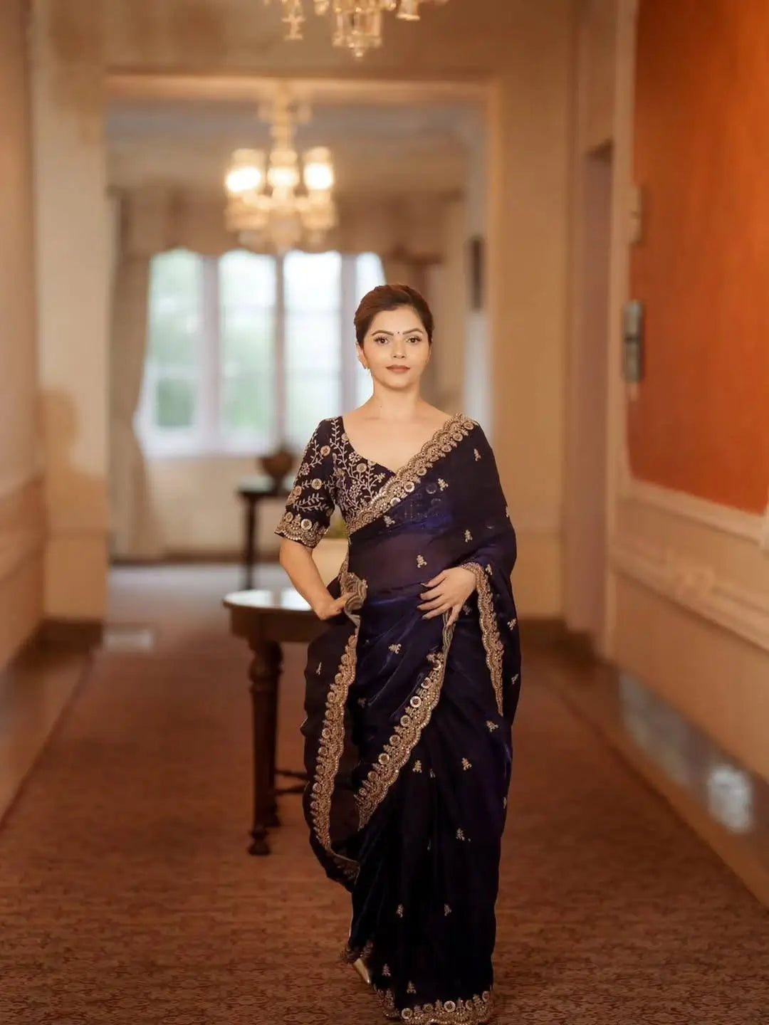 Embroidered Satin Silk Saree Set