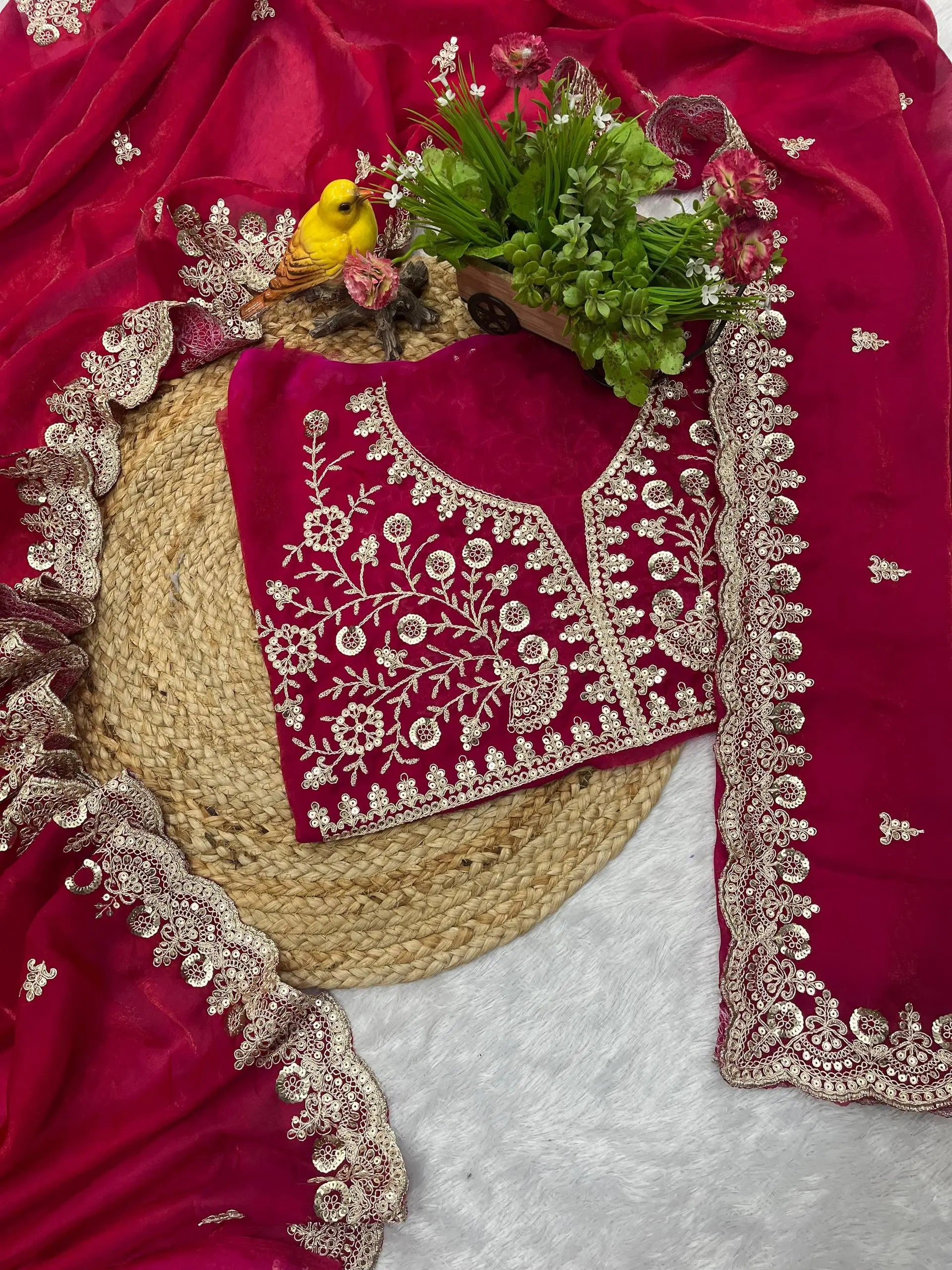 Embroidered Satin Silk Saree Set