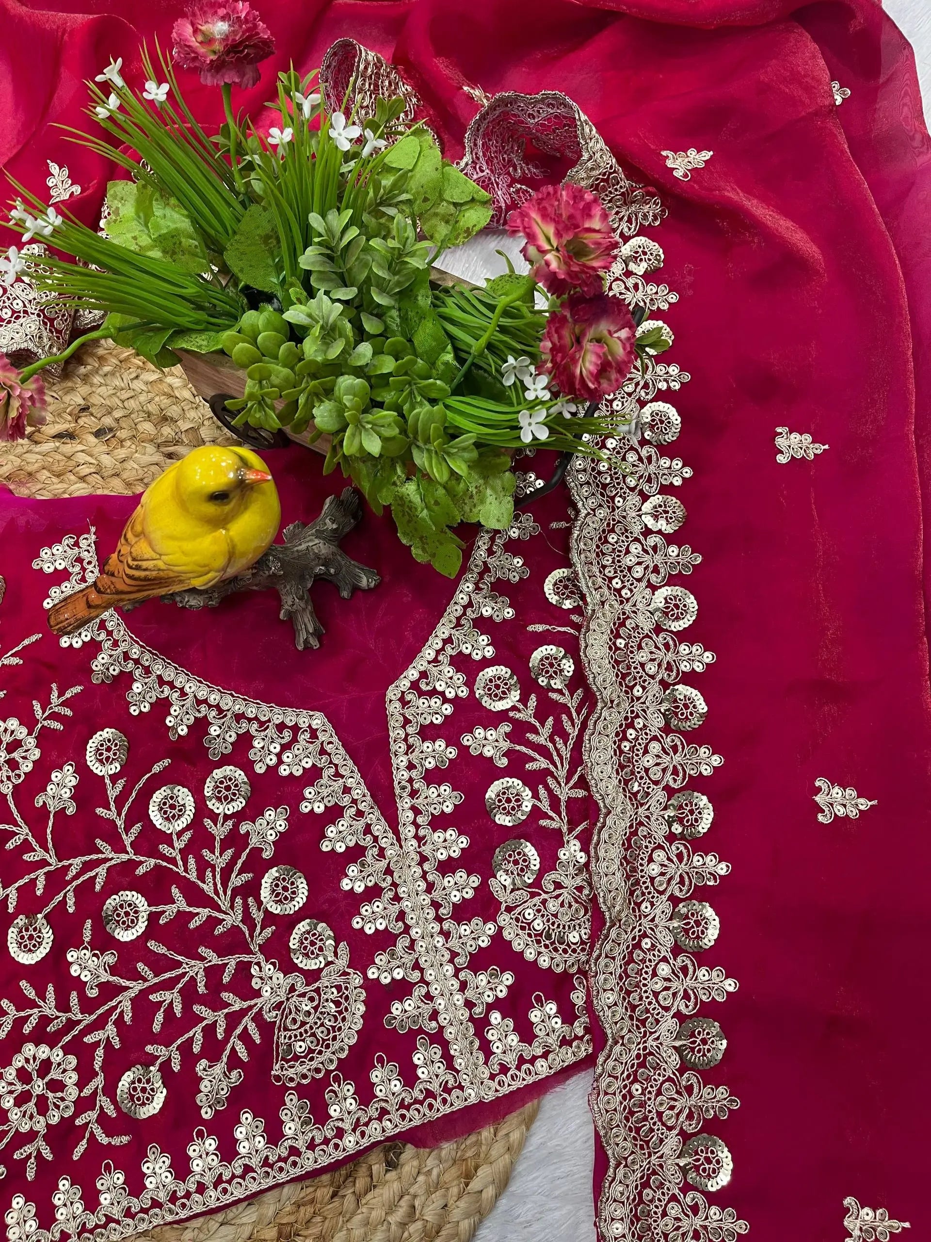 Embroidered Satin Silk Saree Set