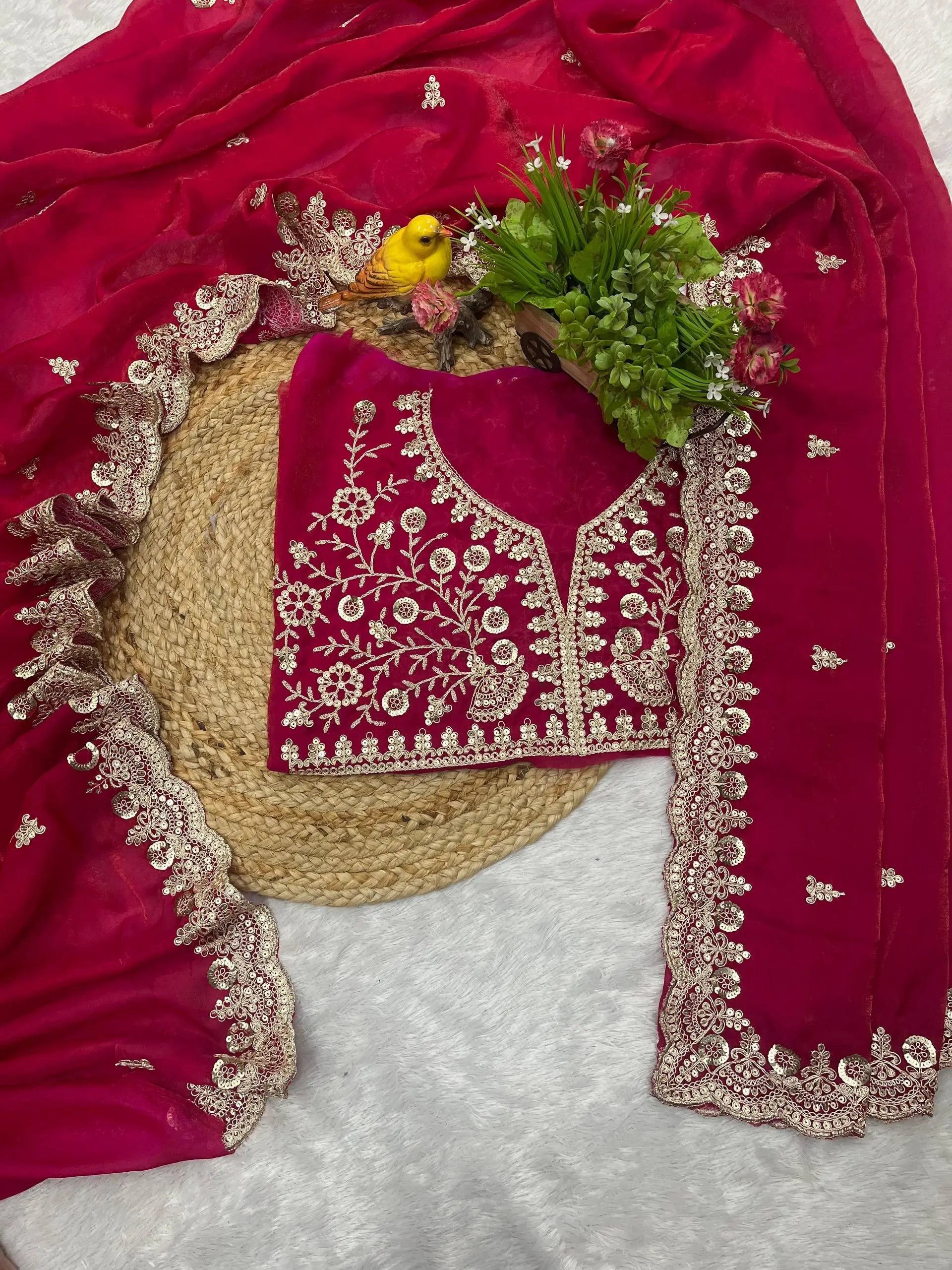 Embroidered Satin Silk Saree Set