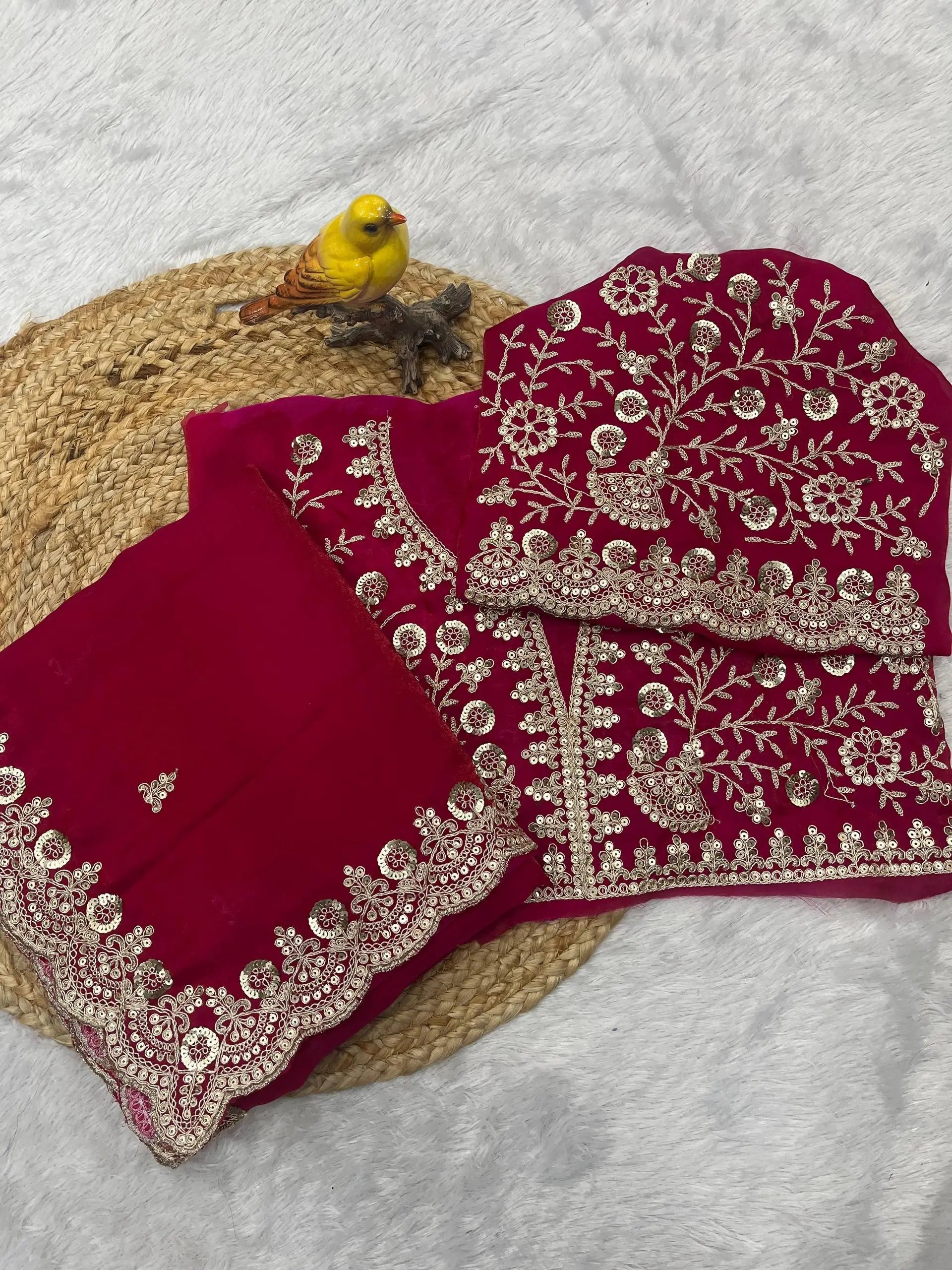 Embroidered Satin Silk Saree Set